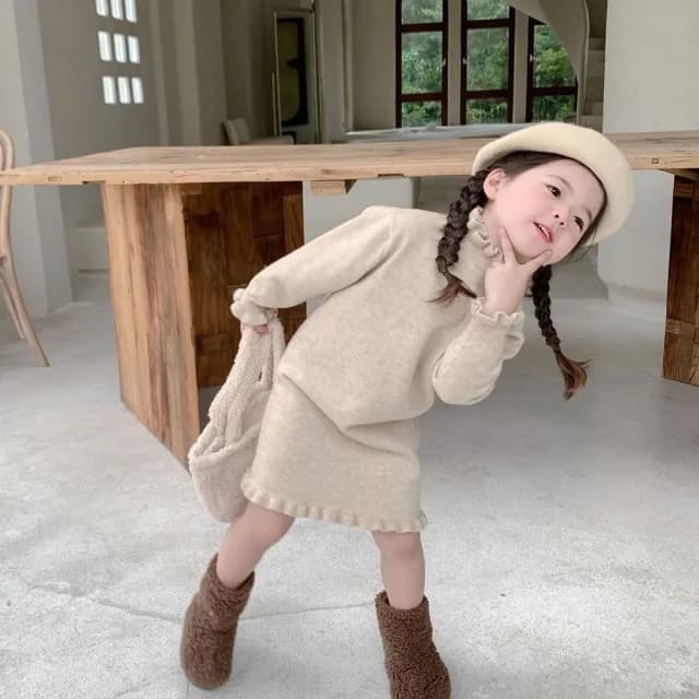 【橘魔法】韓系氣質木耳邊針織連身裙(大童 連衣裙 洋裝 長版上衣 中童 童裝 女童 兒童)