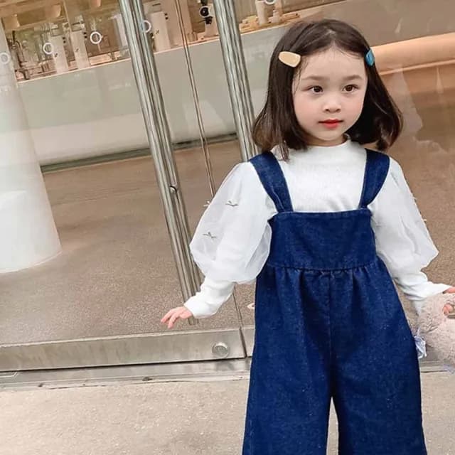 【橘魔法】俏皮抓皺鬚邊吊帶牛仔褲(褲子 吊帶褲 長褲 女童 童裝 兒童)