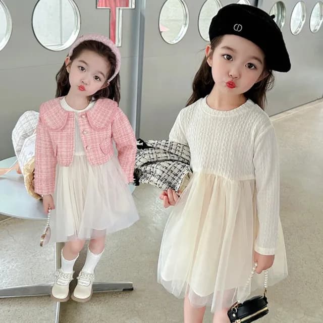 【橘魔法】甜心名媛格紋毛呢小外套+洋裝 套裝(長袖 外套 童裝 兒童 女童 生日洋裝)