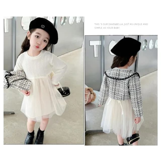 【橘魔法】甜心名媛格紋毛呢小外套+洋裝 套裝(長袖 外套 童裝 兒童 女童 生日洋裝)