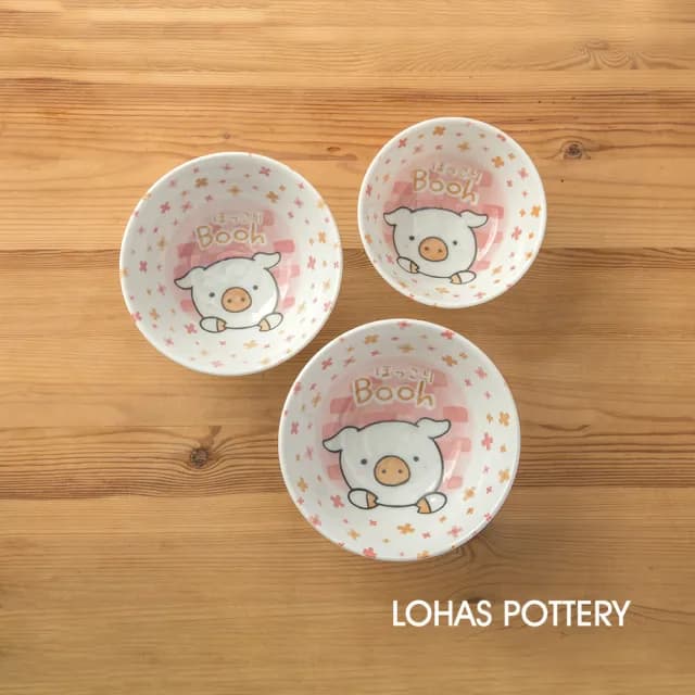 【LohasPottery 陸寶】日本製 美濃燒 動物卡通釉下彩壓紋飯碗(餐具三件組)