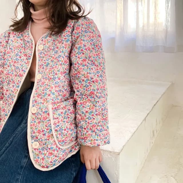 【橘魔法】雙11 小碎花蓬袖鋪棉長袖外套(開衫外套 鋪棉外套 棉衣 厚外套 中童 兒童 童裝 女童)
