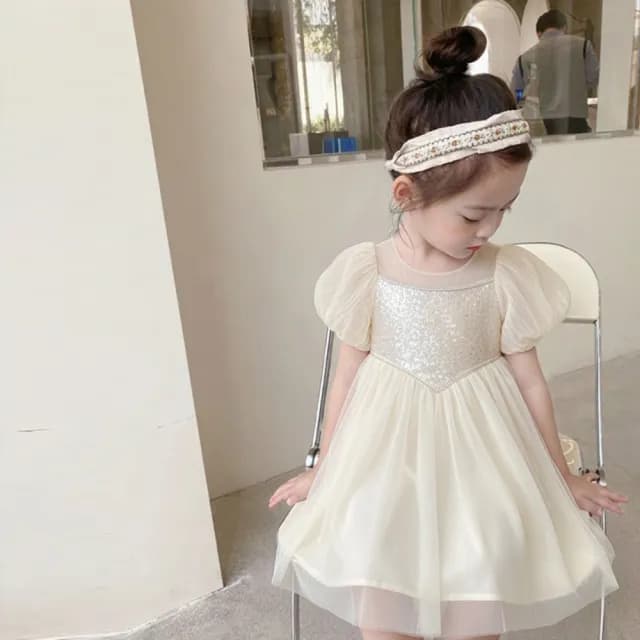 【橘魔法】復古宮廷風亮片澎澎袖洋裝(連衣裙 連身裙 短袖洋裝 女童 童裝 兒童 生日洋裝)