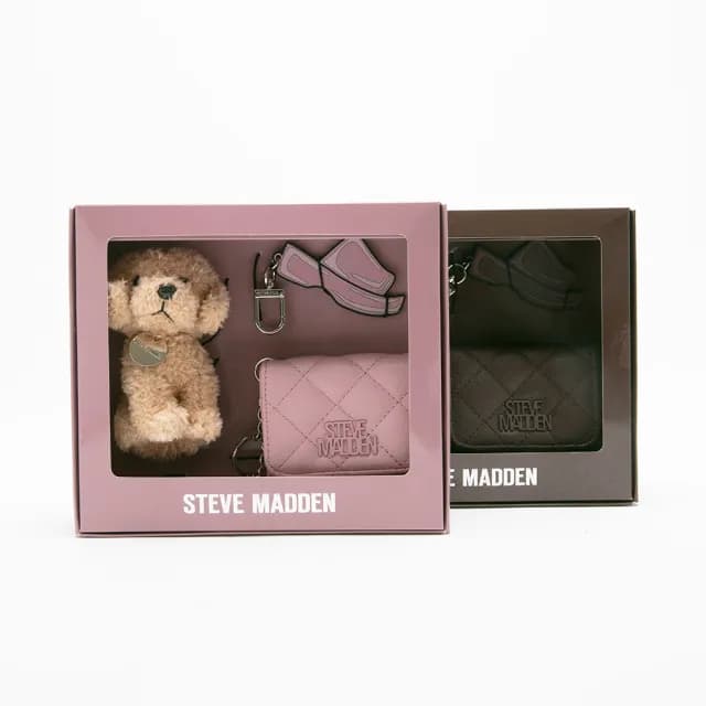 【steve madden】菱格紋零錢包/吊飾三件禮盒組(粉色)