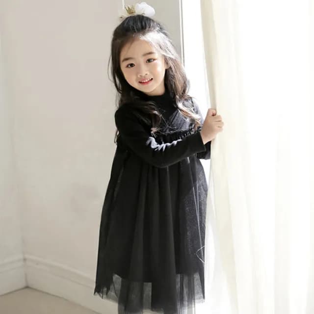 【橘魔法】極素高領紗裙長袖洋裝(大童 聖誕 過年 連身裙 澎澎裙 連衣裙 長袖洋裝 紗裙 女童 洋裝 童裝)