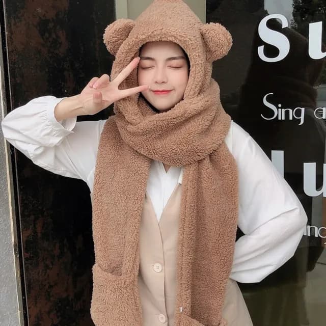 【D.studio】韓版保暖防寒毛毛小熊圍巾(功能三合一圍巾帽子手套熊熊圍巾 毛毛圍巾絨毛圍巾圍脖圍巾)