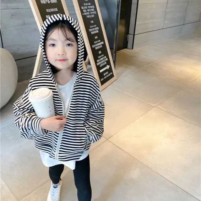 【橘魔法】黑白條紋連帽外套(長袖 外套 中性款 女童 男童 兒童 童裝 中童)