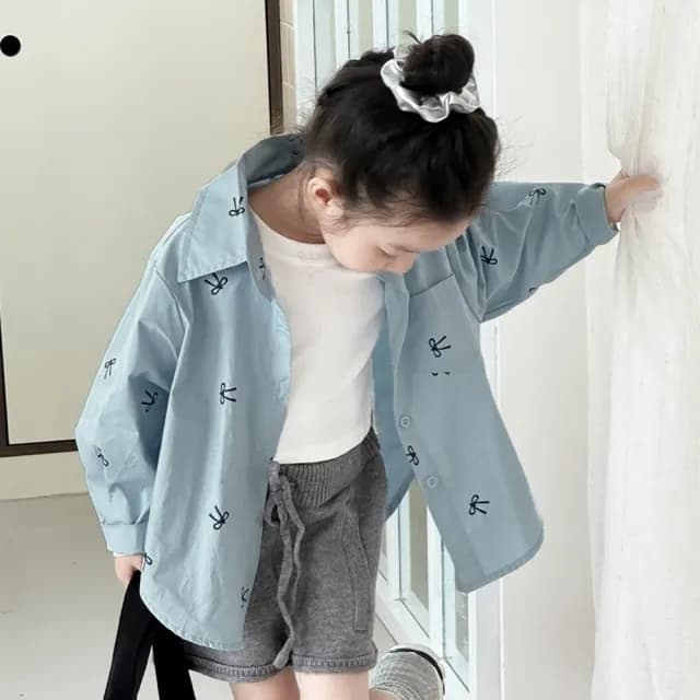 【橘魔法】滿印蝴蝶結襯衫 鬚邊喇叭牛仔褲(套裝 襯衫 薄長袖 長褲 褲子 親子款 大童 大人 兒童 女童 童裝)