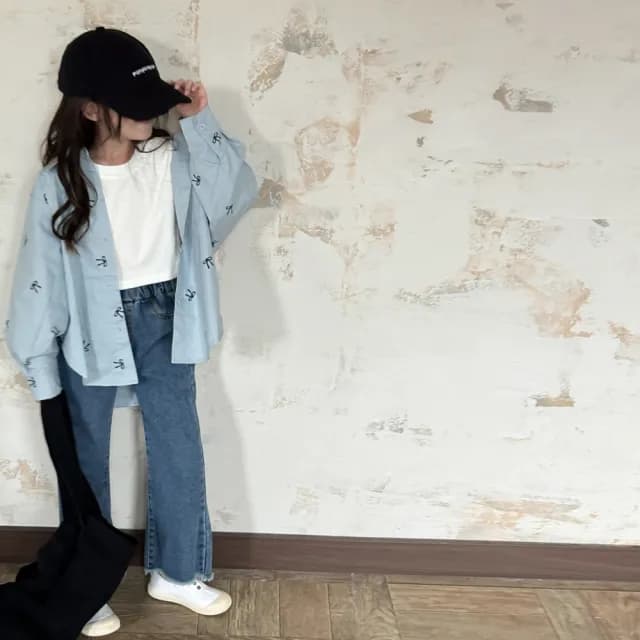 【橘魔法】滿印蝴蝶結襯衫 鬚邊喇叭牛仔褲(套裝 襯衫 薄長袖 長褲 褲子 親子款 大童 大人 兒童 女童 童裝)