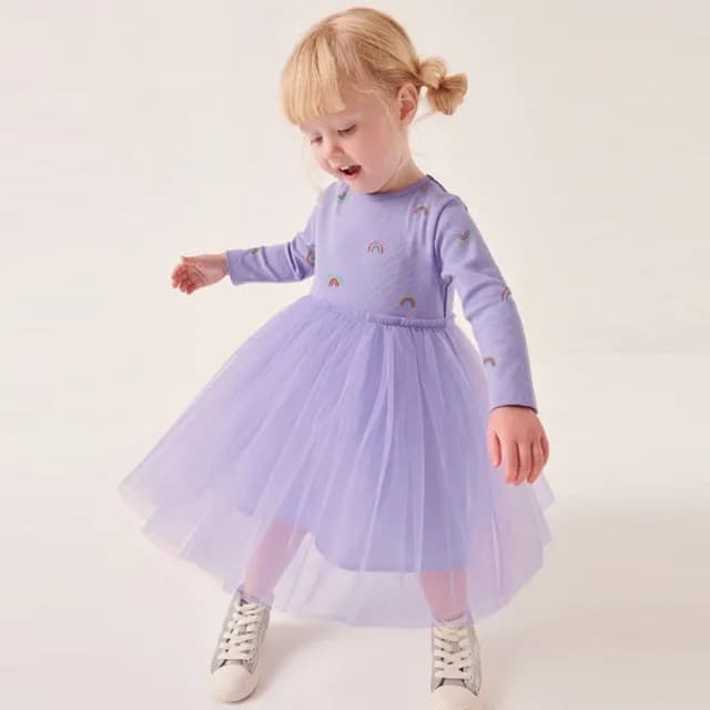 【橘魔法】彩虹長袖紗裙洋裝(薄長袖 連身裙 連衣裙 女童 兒童 童裝)