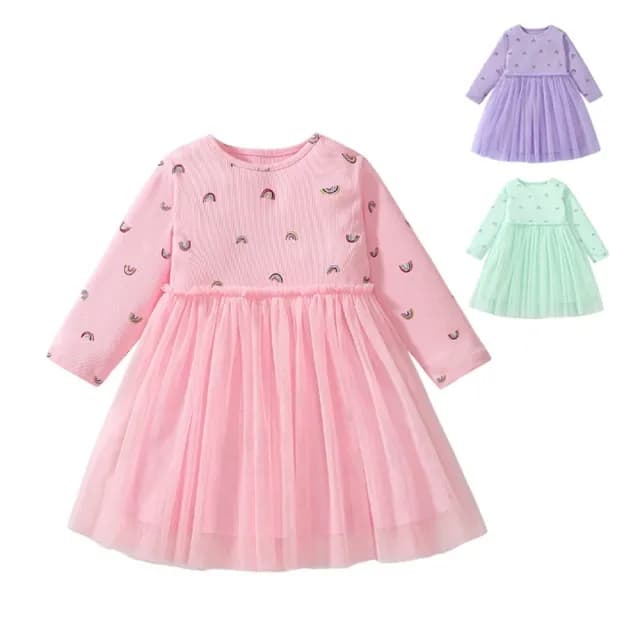 【橘魔法】彩虹長袖紗裙洋裝(薄長袖 連身裙 連衣裙 女童 兒童 童裝)