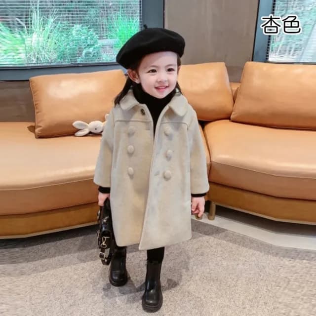 【橘魔法】氣質雙排扣毛尼外套(長袖外套 大衣 厚外套 女童 兒童 中童 童裝)