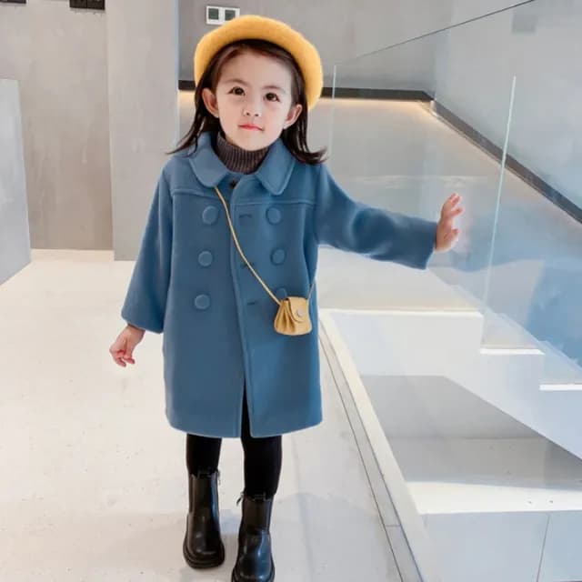 【橘魔法】氣質素色雙排扣翻領毛尼長袖外套(長袖外套 大衣 厚外套 女童 兒童 中童 童裝)
