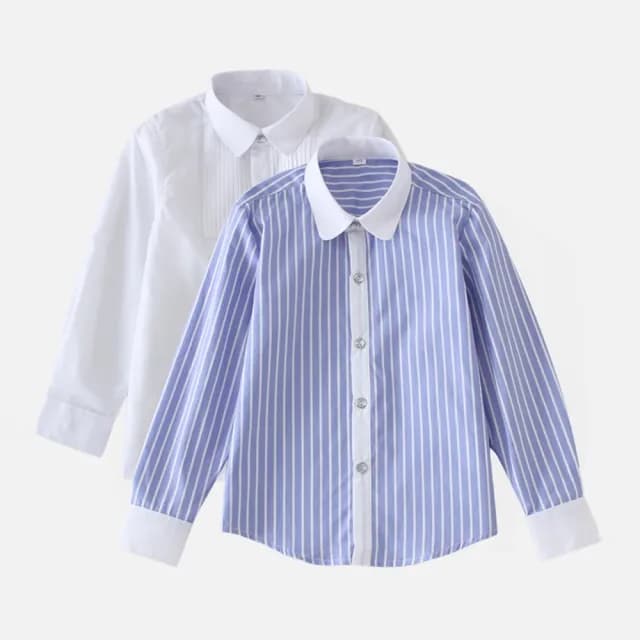 【橘魔法】長袖 直條紋 純白水鑽扣長袖襯衫(男童 大童 花童 攝影 表演 長袖上衣 兒童 童裝)