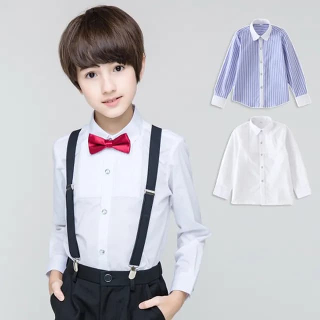 【橘魔法】長袖 直條紋 純白水鑽扣長袖襯衫(男童 大童 花童 攝影 表演 長袖上衣 兒童 童裝)