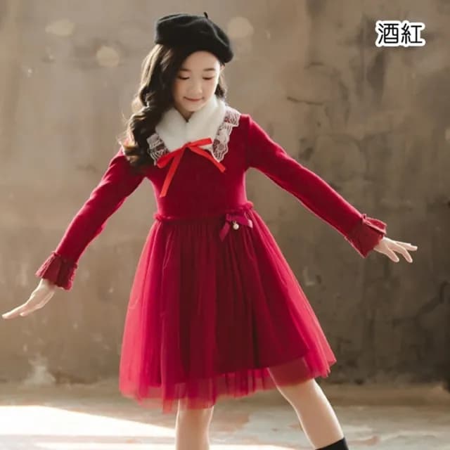 【橘魔法】蕾絲毛領刷毛長袖洋裝 套裝(連身洋裝 連身裙 過年 新年 聖誕 花童 大紅 大童 女童 兒童 童裝)