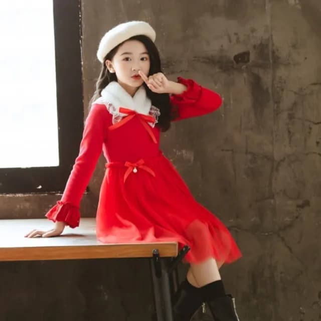 【橘魔法】蕾絲毛領刷毛長袖洋裝 套裝(連身洋裝 連身裙 過年 新年 聖誕 花童 大紅 大童 女童 兒童 童裝)