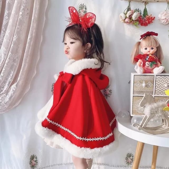 【橘魔法】蕾絲花邊小紅帽棉絨斗篷(披風 披肩 連帽斗篷 加厚 大紅 新年 過年 聖誕節 耶誕 女童 童裝 兒童)