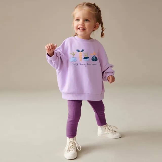 【橘魔法】紫色蔬菜長袖上衣+坑條內搭褲套裝(長袖上衣 長褲 衛衣 褲子 女童 兒童 童裝)