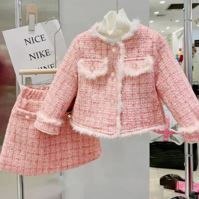 【橘魔法】粉嫩氣質名媛毛邊毛尼長袖外套+窄裙(套裝 外套 裙子 短裙 小香風 女童 童裝 兒童)