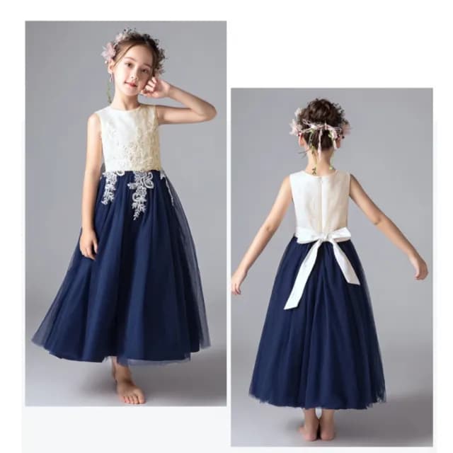 【橘魔法】刺繡珍珠蕾絲拼接深藍長裙禮服(花童 畢業 澎澎裙 全家福 婚禮 紗裙 女童 童裝)