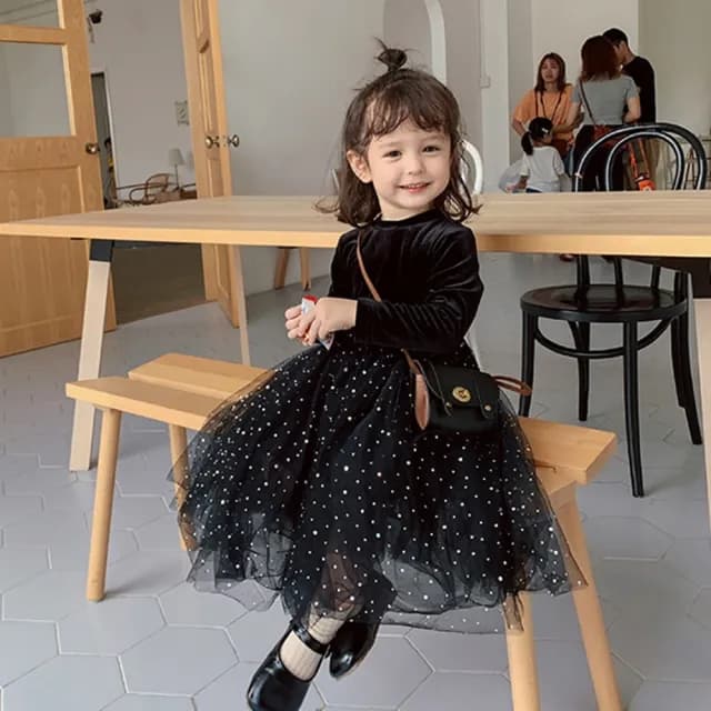 【橘魔法】黑絲絨炫彩亮片刷毛長袖洋裝(連衣裙 連身裙 紗裙洋裝 女童 童裝 兒童)