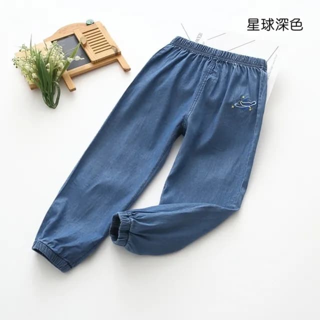 【橘魔法】輕薄水洗刺繡牛仔褲(縮口長褲 防蚊褲 大童 長褲 沙灘褲 空調褲 男童 女童 兒童 童裝)