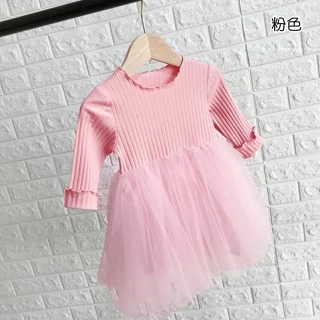 【橘魔法】直條紋路木耳邊澎澎紗裙洋裝(連身洋裝 澎澎裙 蓬蓬裙 中童 童裝 女童 兒童)