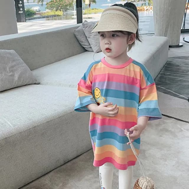 【橘魔法】微笑彩虹寬條長版短袖上衣(女童 中童 小童 兒童 童裝)