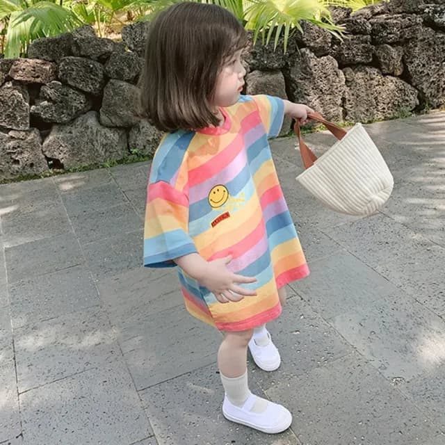 【橘魔法】微笑彩虹寬條長版短袖上衣(女童 中童 小童 兒童 童裝)