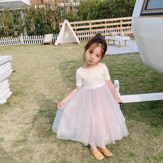 【橘魔法】彩虹漸層交叉大U露背紗裙連身洋裝(連衣裙 紗裙 女童 兒童 中童 童裝 女童 小童)