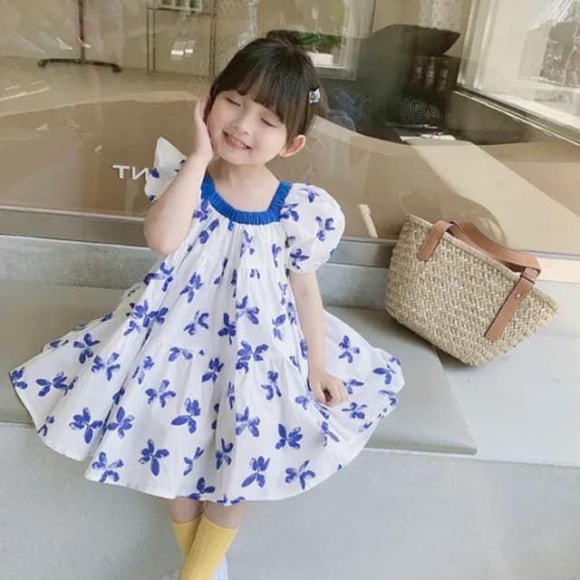 【橘魔法】藍紫蝴蝶滿印棉紗洋裝(連身裙 連衣裙 短袖洋裝 女童 兒童 童裝)