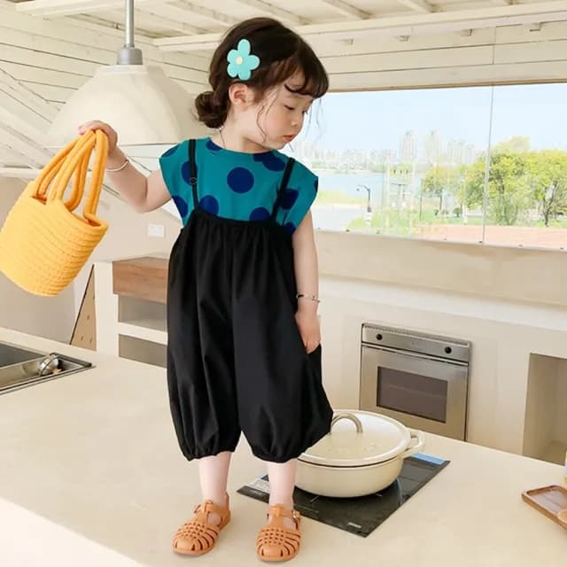 【橘魔法】藍綠點點背心+澎澎吊帶燈籠褲 套裝(褲子 七分褲 兒童 女童 童裝)