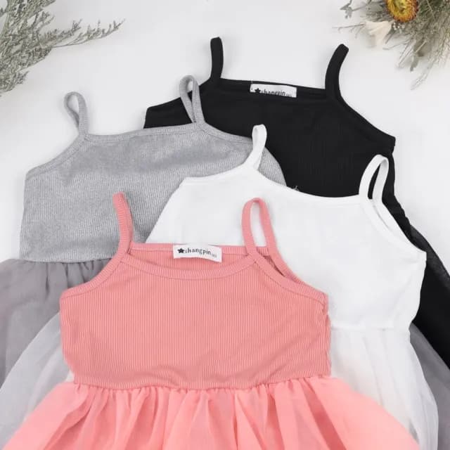 【橘魔法】素色細肩帶澎澎紗裙洋裝(襯裙 內搭 防走光 連衣裙 連身洋裝 童裝 兒童 花童 女童)