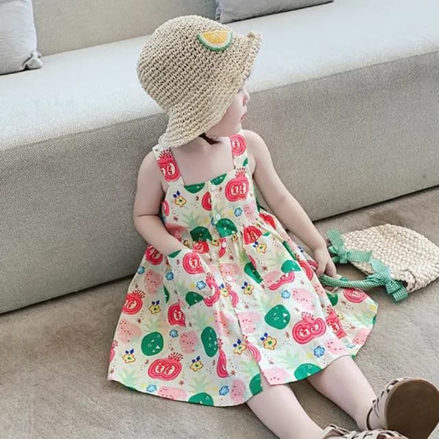 【橘魔法】滿印平口排釦傘擺吊帶洋裝(吊帶裙 連身裙 裙子 女童 兒童 童裝)