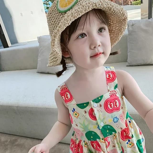 【橘魔法】滿印平口排釦傘擺吊帶洋裝(吊帶裙 連身裙 裙子 女童 兒童 童裝)