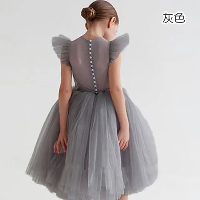 【橘魔法】珍珠扣背後透膚小飛袖紗裙洋裝(白色禮服 畢業典禮 表演 花童 連身洋裝 連身裙 女童 童裝 兒童)