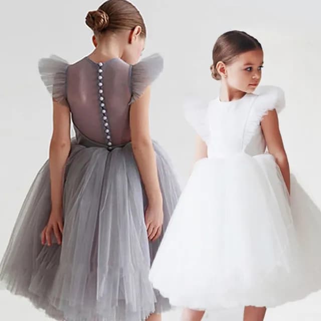 【橘魔法】珍珠扣背後透膚小飛袖紗裙洋裝(白色禮服 畢業典禮 表演 花童 連身洋裝 連身裙 女童 童裝 兒童)