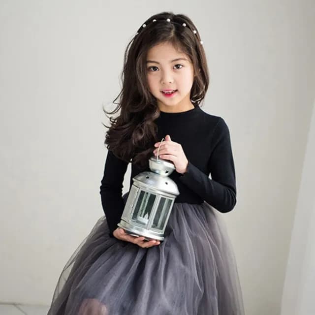 【橘魔法】厚款木耳邊黑拼灰紗裙長袖洋裝(大童 連身裙 澎澎裙 連衣裙 刷毛 加厚 女童 兒童 童裝)