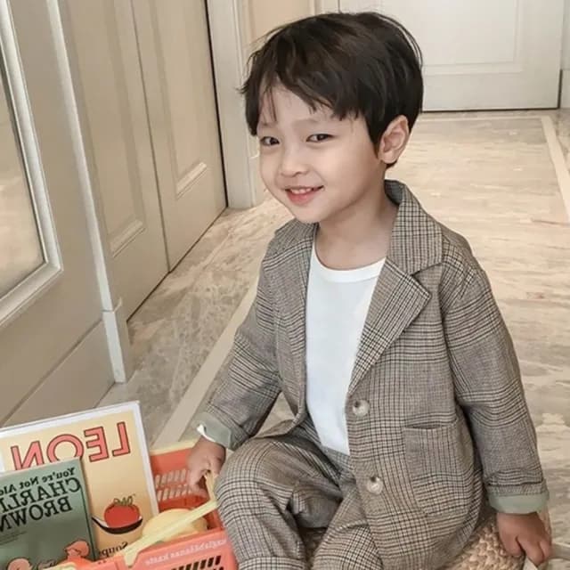 【橘魔法】復古格紋西裝套裝((不含上衣)西裝外套 長袖外套 西裝褲 褲子 薄外套 女童 男童 兒童 童裝)