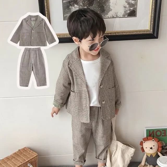【橘魔法】復古格紋西裝套裝((不含上衣)西裝外套 長袖外套 西裝褲 褲子 薄外套 女童 男童 兒童 童裝)
