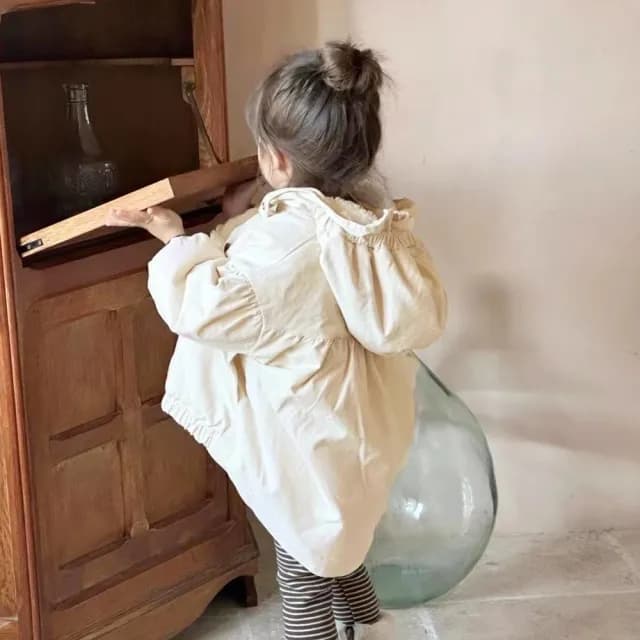 【橘魔法】米色羊糕絨工裝外套(前短後長 加厚 風衣 厚外套 夾克 保暖 寒流 中性款 女童 男童 兒童 童裝)