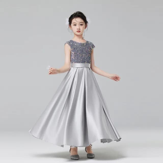 【橘魔法】晚宴風銀灰閃亮片長裙禮服(大童 連身裙 禮服 攝影 表演 鋼琴 表演 演奏會 童裝 兒童 女童)