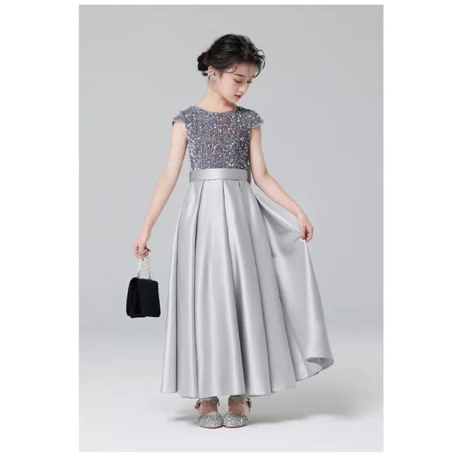 【橘魔法】晚宴風銀灰閃亮片長裙禮服(大童 連身裙 禮服 攝影 表演 鋼琴 表演 演奏會 童裝 兒童 女童)