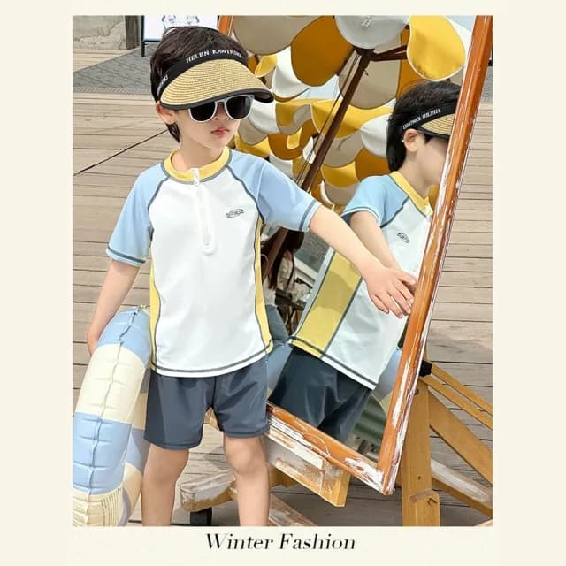 【橘魔法】色塊拼接插肩短袖泳衣套裝(二件式 泳裝 游泳課 學生泳衣 兒童 男童 童裝)