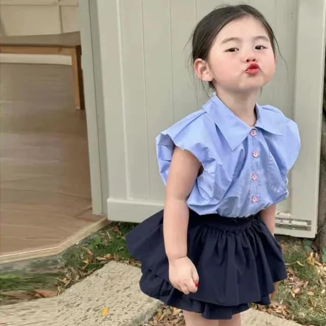 【橘魔法】知性都會荷葉蛋糕褲裙套裝(無袖襯衫 褲裙 短褲 褲子 女童 兒童 中童 童裝)