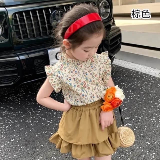 【橘魔法】復古甜美碎花小飛袖套裝(短袖上衣 褲裙 短褲 褲子 女童 兒童 兒童 童裝)