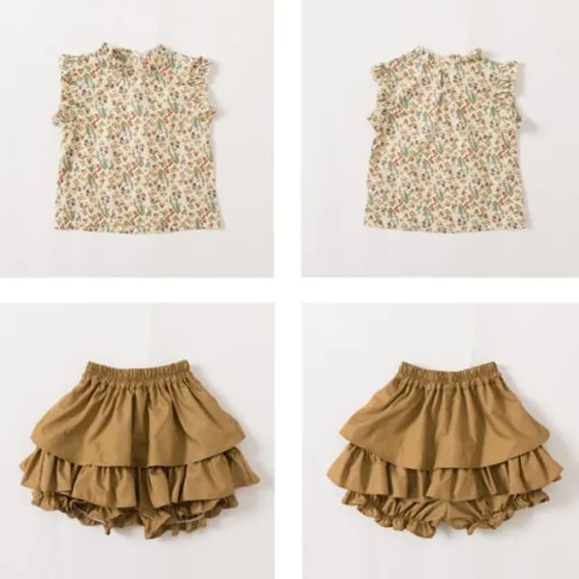 【橘魔法】復古甜美碎花小飛袖套裝(短袖上衣 褲裙 短褲 褲子 女童 兒童 兒童 童裝)