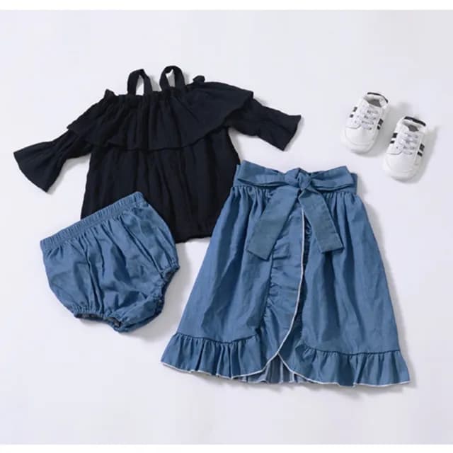 【橘魔法】露肩棉紗牛仔荷葉長裙(三件式 套裝 3件式 半身裙 裙子 露肩上衣 無袖上衣 女童 童裝 兒童)