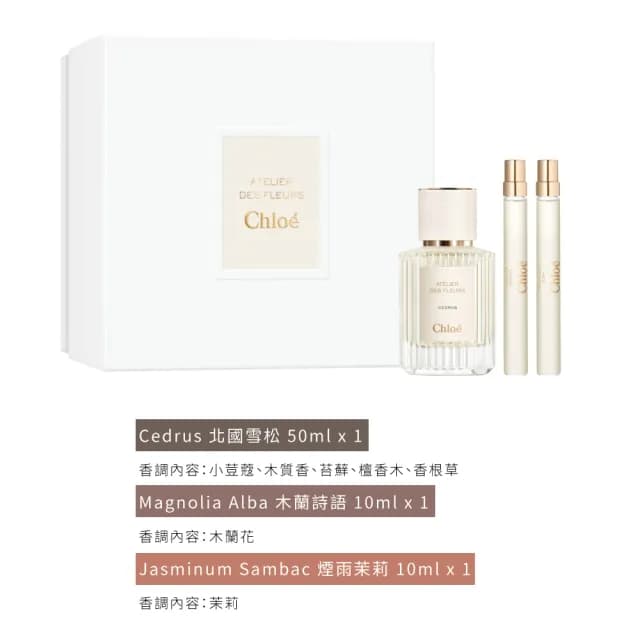 【Chloe’ 蔻依】仙境花園系列淡香精禮盒一入(北國雪松50ml+兩入迷你香水10mlx2.國際航空版.兩款可選)